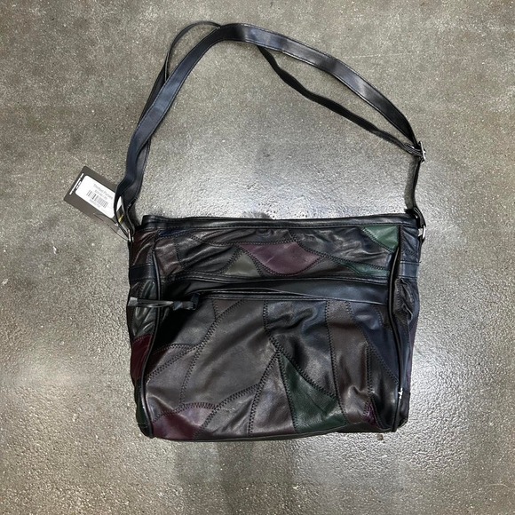 Vintage 90s Patchwork Black Leather Multicolor Retro Shoulder Bag - Picture 4 of 8